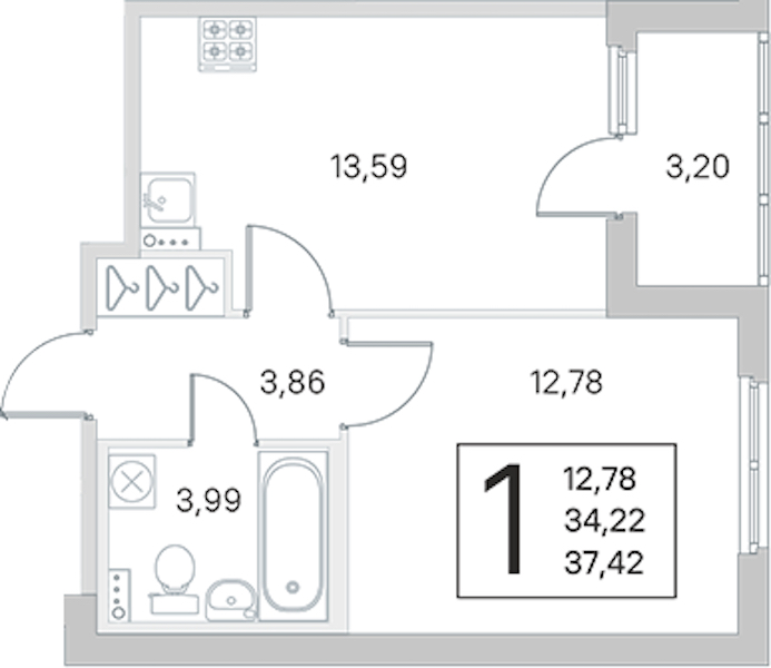 1-комнатная квартира 34.22 м², 1/4 эт., ЖК «Любоград в Стрельне»